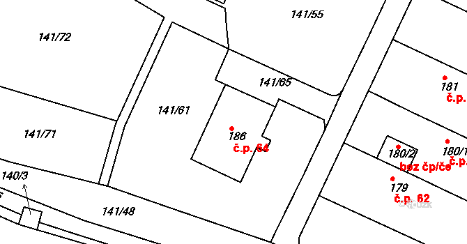 Pakoměřice 64, Bořanovice na parcele st. 186 v KÚ Bořanovice, Katastrální mapa