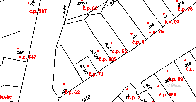 Žabčice 102 na parcele st. 821/1 v KÚ Žabčice, Katastrální mapa