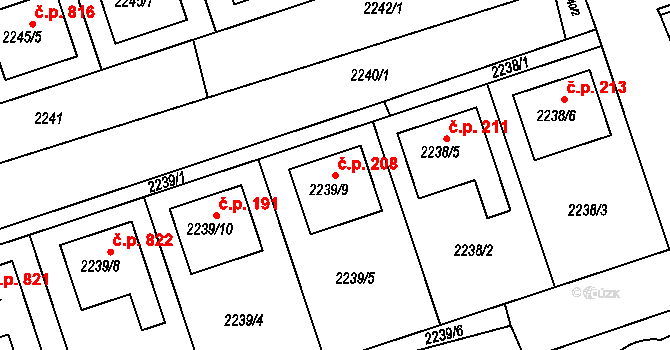 Lužice 208 na parcele st. 2239/9 v KÚ Lužice u Hodonína, Katastrální mapa
