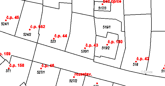 Šardice 43 na parcele st. 520/1 v KÚ Šardice, Katastrální mapa
