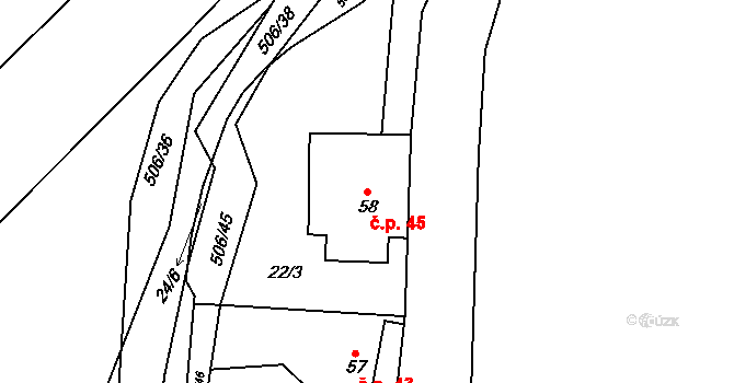 Kováry 45, Zákolany na parcele st. 58 v KÚ Kováry, Katastrální mapa