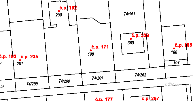 Hovorčovice 171 na parcele st. 199 v KÚ Hovorčovice, Katastrální mapa