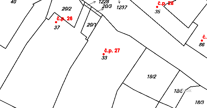 Vrbka 27 na parcele st. 33 v KÚ Vrbka u Sulimova, Katastrální mapa