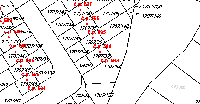 Miřetice u Klášterce nad Ohří 593, Klášterec nad Ohří na parcele st. 1707/37 v KÚ Miřetice u Klášterce nad Ohří, Katastrální mapa