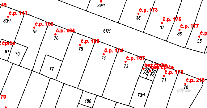 Novosedlice 174 na parcele st. 74 v KÚ Novosedlice, Katastrální mapa