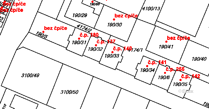 Břeclav 140 na parcele st. 190/33 v KÚ Břeclav, Katastrální mapa