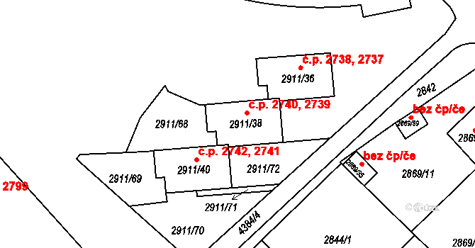 Teplice 2739,2740 na parcele st. 2911/38 v KÚ Teplice, Katastrální mapa