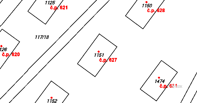 Halenkov 627 na parcele st. 1151 v KÚ Halenkov, Katastrální mapa