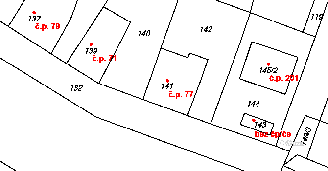 Třebonice 77, Praha na parcele st. 141 v KÚ Třebonice, Katastrální mapa