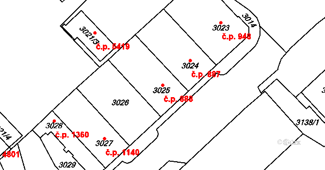 Chomutov 888 na parcele st. 3025 v KÚ Chomutov I, Katastrální mapa