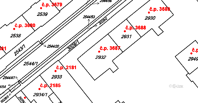 Chomutov 3687 na parcele st. 2932 v KÚ Chomutov II, Katastrální mapa
