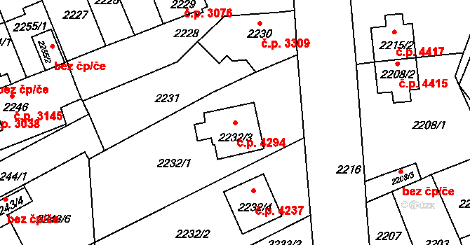 Chomutov 4294 na parcele st. 2232/3 v KÚ Chomutov II, Katastrální mapa