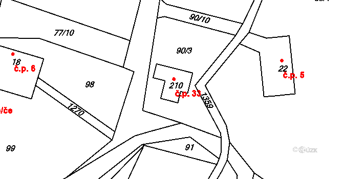 Jiříčkov 33, Světlá pod Ještědem na parcele st. 210 v KÚ Světlá pod Ještědem, Katastrální mapa