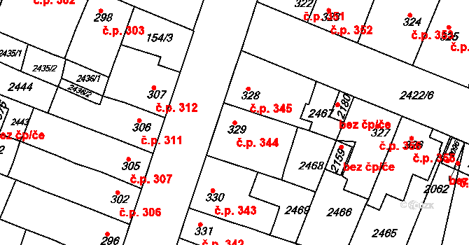 Rosice 344 na parcele st. 329 v KÚ Rosice u Brna, Katastrální mapa