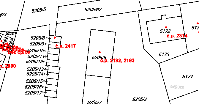 Východní Předměstí 2192,2193, Plzeň na parcele st. 5205/6 v KÚ Plzeň, Katastrální mapa
