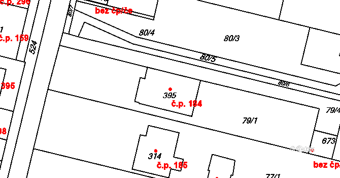 Krasice 184, Prostějov na parcele st. 395 v KÚ Krasice, Katastrální mapa