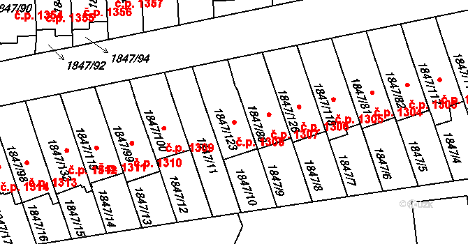 Bystřice nad Pernštejnem 1308 na parcele st. 1847/123 v KÚ Bystřice nad Pernštejnem, Katastrální mapa