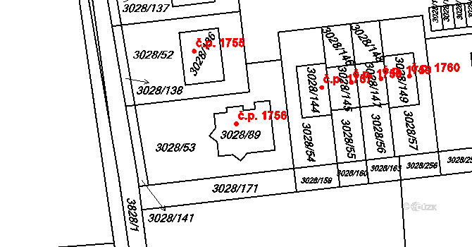 Roztoky 1756 na parcele st. 3028/89 v KÚ Žalov, Katastrální mapa