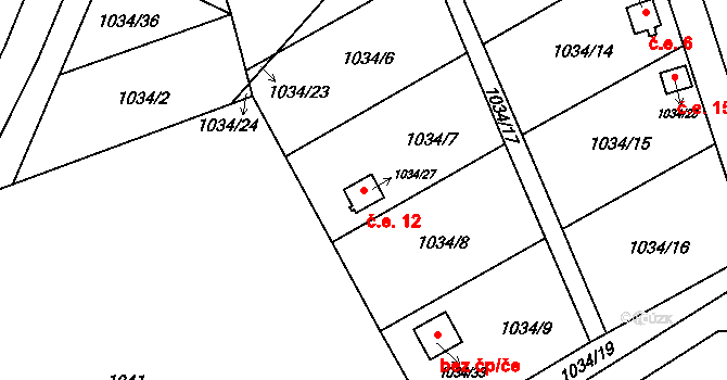 Horní Žukov 12, Český Těšín na parcele st. 1034/27 v KÚ Horní Žukov, Katastrální mapa