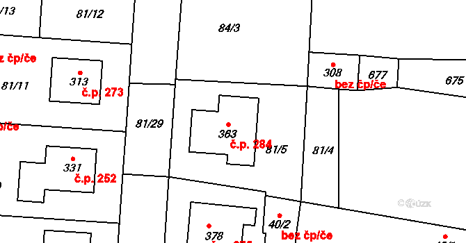 Dobřichov 284 na parcele st. 363 v KÚ Dobřichov, Katastrální mapa