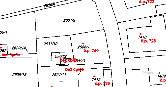 Nové Město 740, Rokycany na parcele st. 2586/1 v KÚ Rokycany, Katastrální mapa