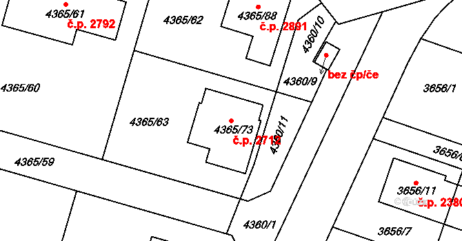 Horní Počernice 2712, Praha na parcele st. 4365/73 v KÚ Horní Počernice, Katastrální mapa