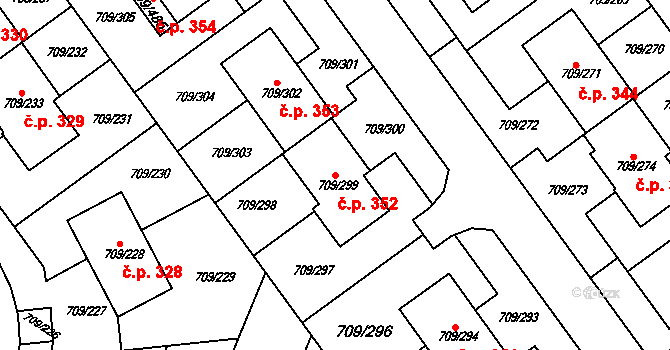 Popůvky 352 na parcele st. 709/299 v KÚ Popůvky u Brna, Katastrální mapa
