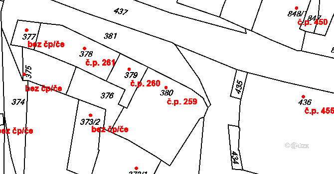 Jemnice 259 na parcele st. 380 v KÚ Jemnice, Katastrální mapa