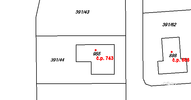 Dolní Břežany 743 na parcele st. 955 v KÚ Dolní Břežany, Katastrální mapa