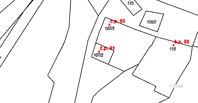 Orlovice 91 na parcele st. 107/2 v KÚ Orlovice, Katastrální mapa