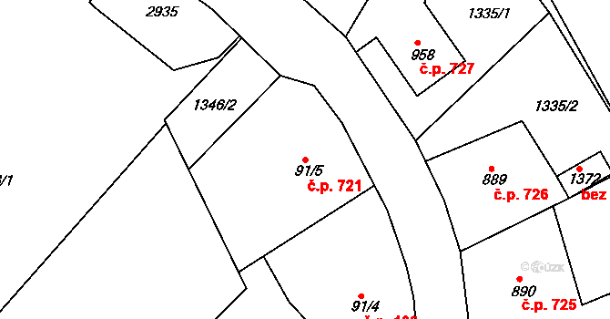 Luhačovice 721 na parcele st. 91/5 v KÚ Luhačovice, Katastrální mapa