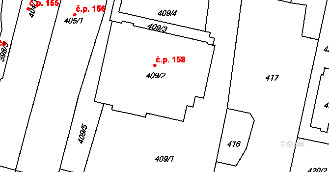 Oldřišov 158 na parcele st. 409/2 v KÚ Oldřišov, Katastrální mapa