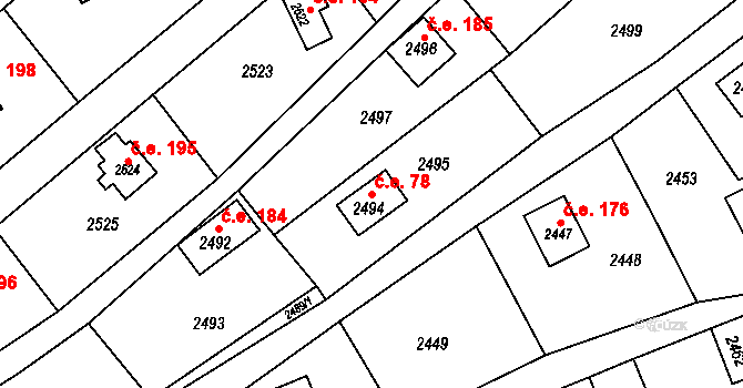 Buchlovice 78 na parcele st. 2494 v KÚ Buchlovice, Katastrální mapa
