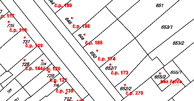 Pustiměřské Prusy 174, Pustiměř na parcele st. 650 v KÚ Pustiměř, Katastrální mapa