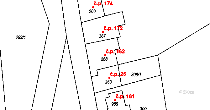 Luže 162 na parcele st. 268 v KÚ Luže, Katastrální mapa