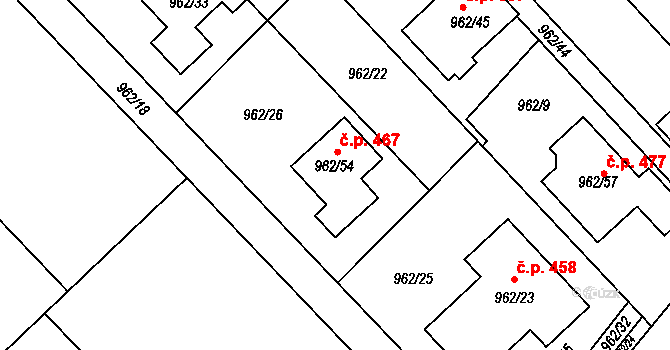 Křelov 467, Křelov-Břuchotín na parcele st. 962/54 v KÚ Křelov, Katastrální mapa