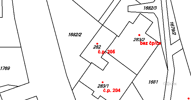 Hanušovice 205 na parcele st. 282 v KÚ Hanušovice, Katastrální mapa