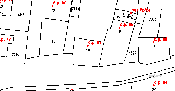 Tlumačov 83 na parcele st. 10 v KÚ Tlumačov u Domažlic, Katastrální mapa