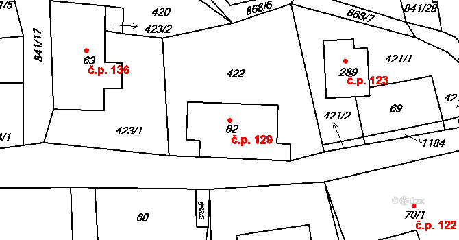 Sobíňov 129 na parcele st. 436 v KÚ Sobíňov, Katastrální mapa