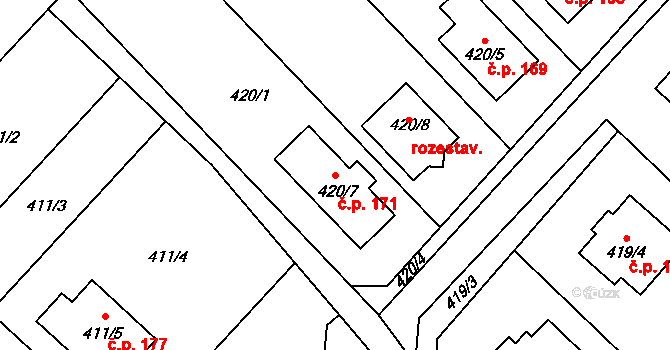Čučice 171 na parcele st. 420/7 v KÚ Čučice, Katastrální mapa