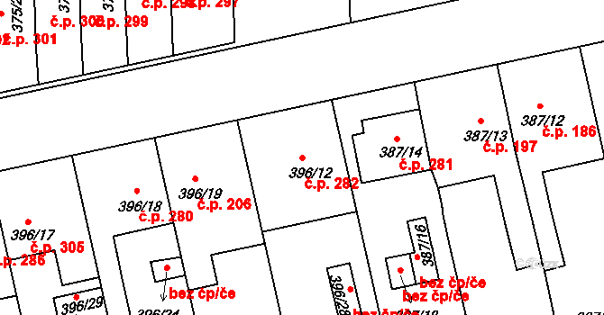 Všetuly 282, Holešov na parcele st. 396/12 v KÚ Všetuly, Katastrální mapa