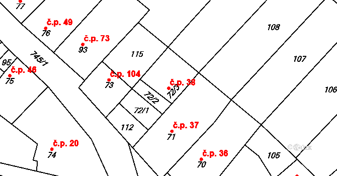 Hamry 38, Plumlov na parcele st. 72/1 v KÚ Hamry, Katastrální mapa