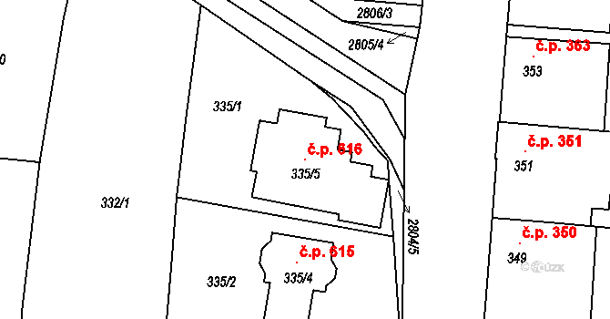 Veselí nad Lužnicí I 616, Veselí nad Lužnicí na parcele st. 335/5 v KÚ Veselí nad Lužnicí, Katastrální mapa
