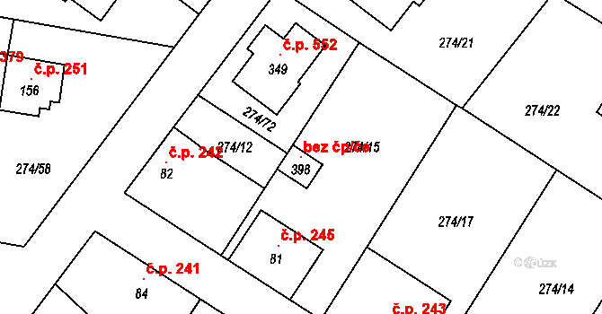 Tuchoměřice 118800230 na parcele st. 398 v KÚ Kněžívka, Katastrální mapa