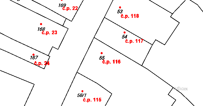 Rožďalovice 116 na parcele st. 55 v KÚ Rožďalovice, Katastrální mapa