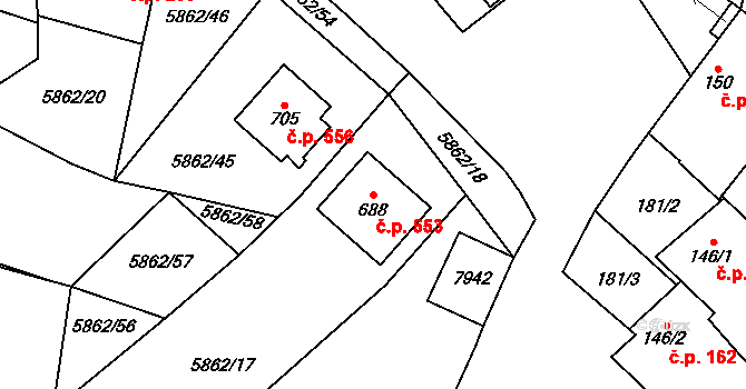 Dambořice 553 na parcele st. 688 v KÚ Dambořice, Katastrální mapa