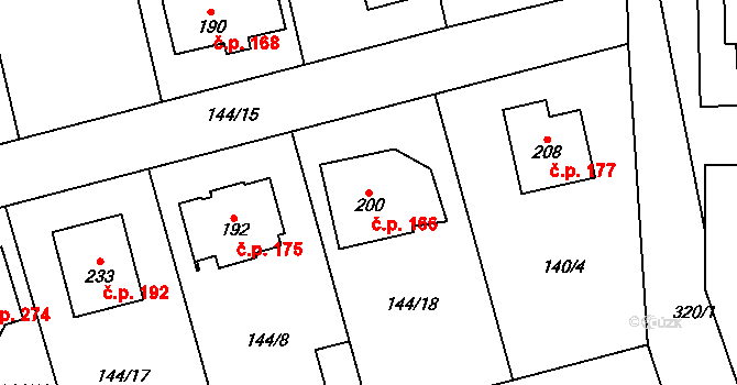 Mratín 166 na parcele st. 200 v KÚ Mratín, Katastrální mapa