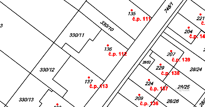 Střelice 112, Uničov na parcele st. 136 v KÚ Střelice u Litovle, Katastrální mapa