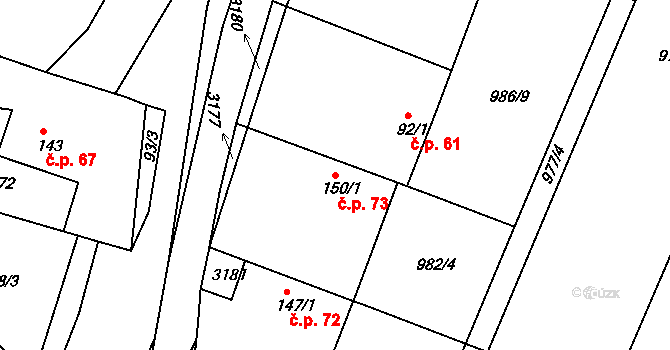 Dobřejovice 73, Hosín na parcele st. 150/1 v KÚ Dobřejovice u Hosína, Katastrální mapa