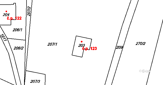 Krompach 123 na parcele st. 203 v KÚ Krompach, Katastrální mapa